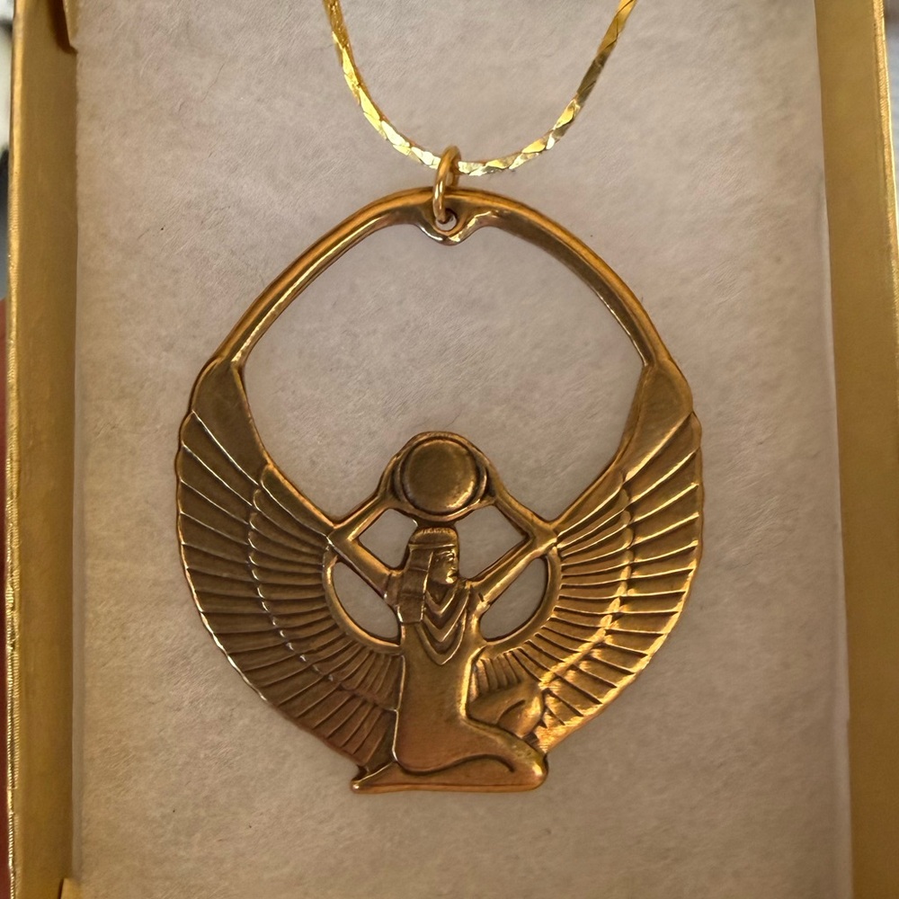 Brassy Gold Winged Goddess Pendant Necklace